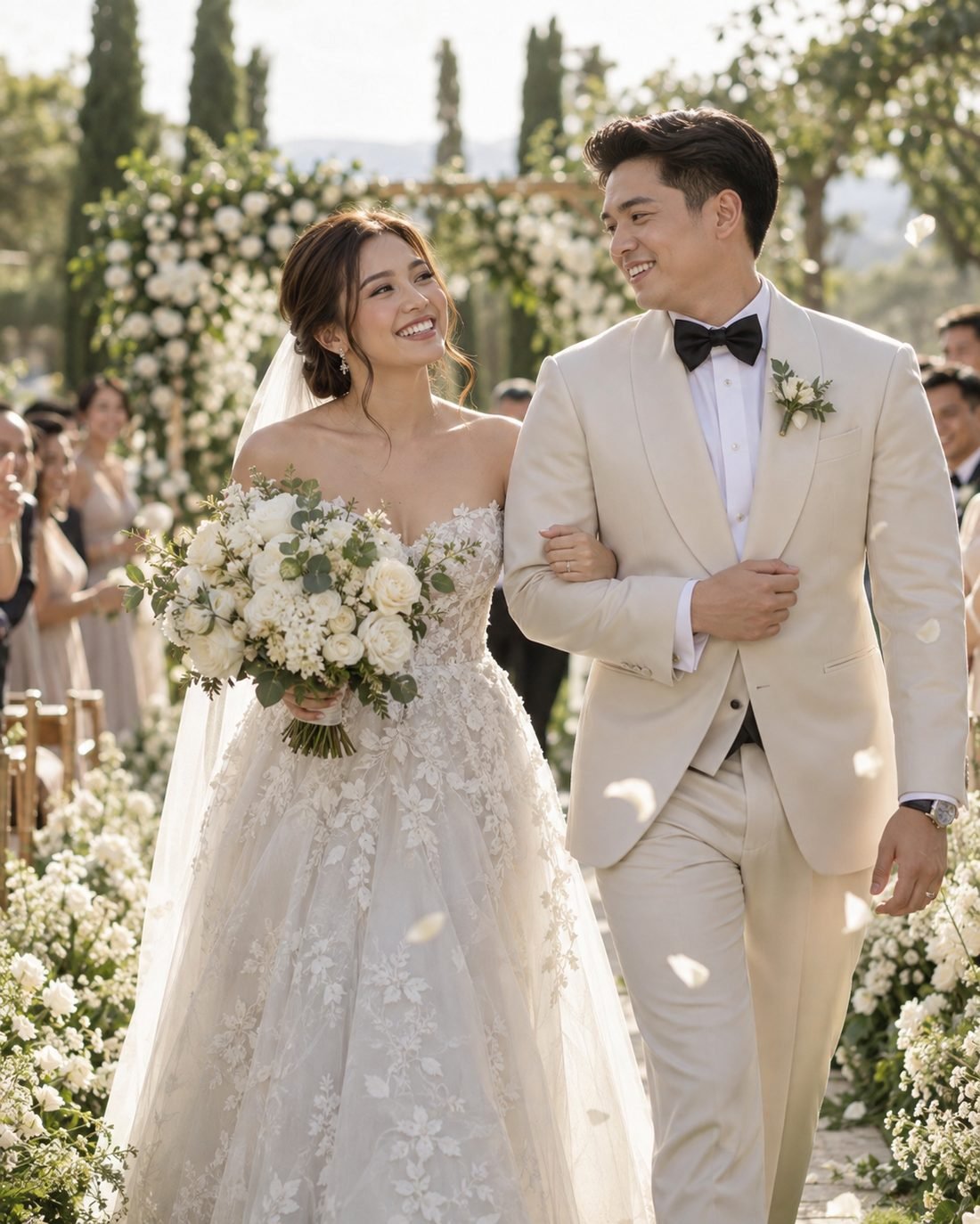 Diego and Elisa walking the garden aisle together