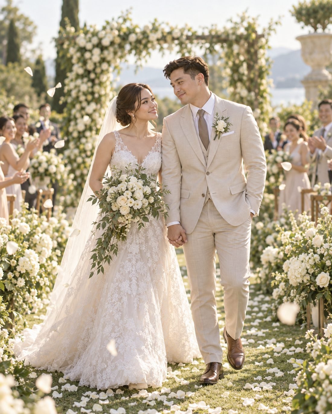 Diego and Elisa hand in hand under falling petals