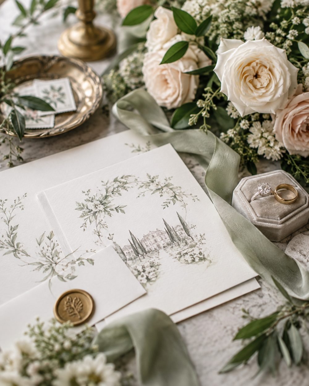 Wedding invitation flatlay with rings and roses